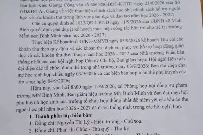 TRƯỜNG MẦM NO BÌNH MINH NIÊM YẾT CÔNG KHAI CÁC KHOẢN THU NĂM HỌC 2026-2027.